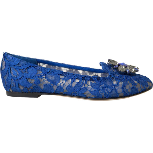 Dolce & Gabbana Blue Lace Crystal Ballet Flats Loafers Shoes Dolce & Gabbana Dark Slate Blue