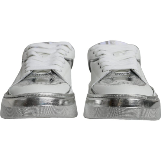 Dolce & Gabbana White Silver Leather Low Top Sneakers Shoes Dolce & Gabbana Dark Gray