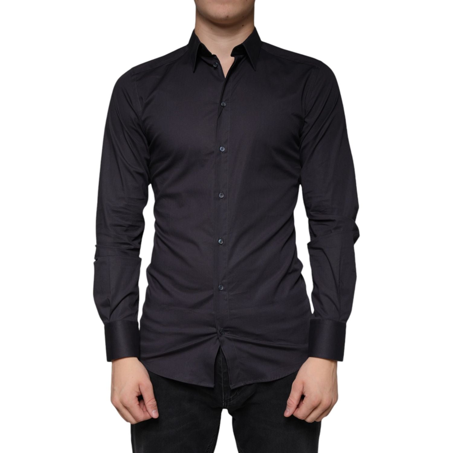 Dolce & Gabbana Black Cotton Stretch Dress GOLD Formal Shirt
