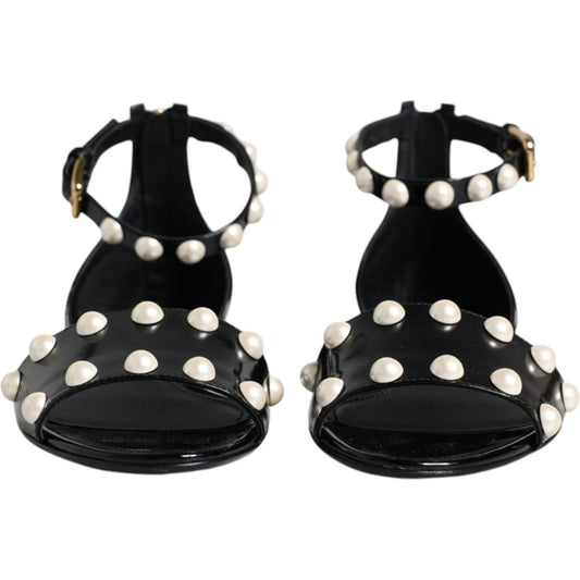 Dolce & Gabbana Black Leather Pearls Ankle Strap Sandals Shoes Dolce & Gabbana Black