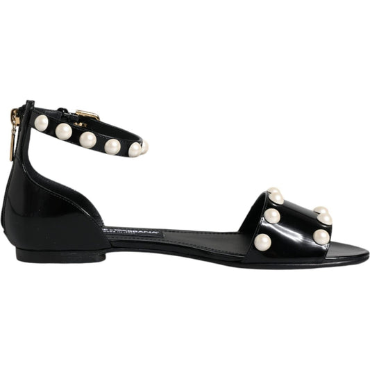 Dolce & Gabbana Black Leather Pearls Ankle Strap Sandals Shoes Dolce & Gabbana Black