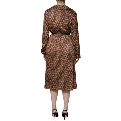 Ballantyne Brown Printed Long Sleeves V-neck Wrap Midi Dress
