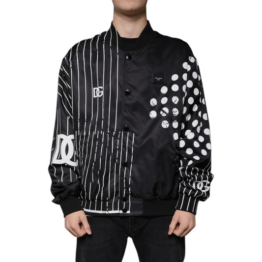 Dolce & Gabbana Black Polka Dot Stripe Nylon Bomber Jacket