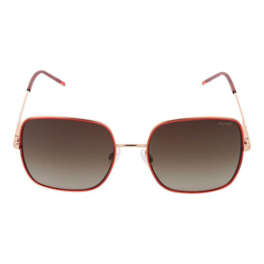 Hugo Boss square red women's sunglasses with gradient brown lenses, full-rim metal frame, 100% UVA & UVB protection.