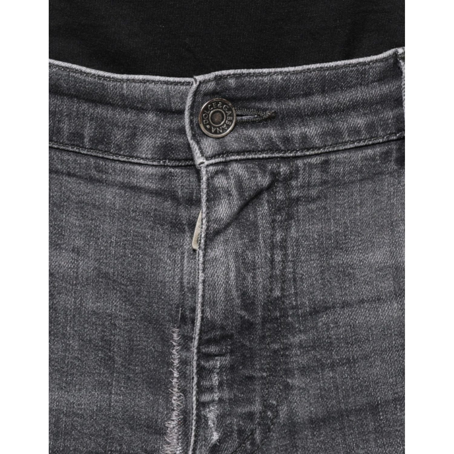 Dolce & Gabbana Dark Gray Tattered Cotton Skinny Denim Jeans