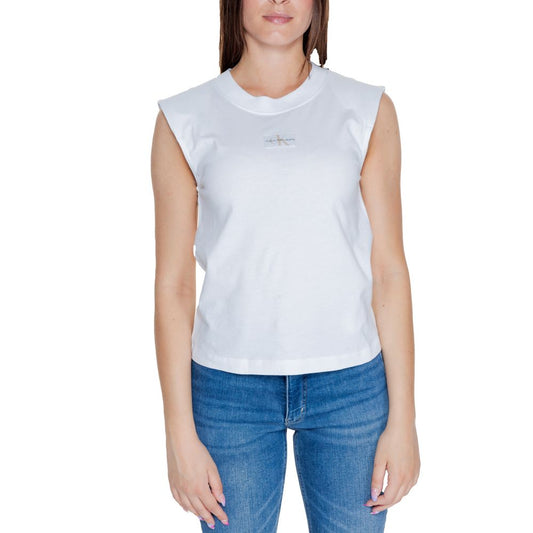 Woman wearing Calvin Klein Jeans White Cotton T-Shirt with sleeveless design and woven label, paired with blue jeans.
