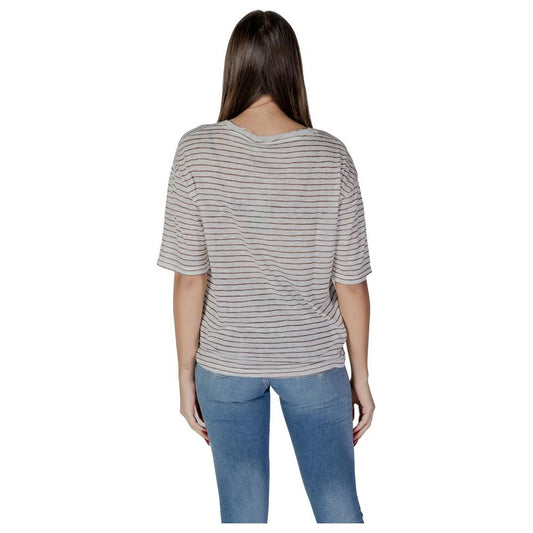 Back view of a woman wearing a B.Young brown polyester and viscose striped T-shirt from the Spring/Summer collection.