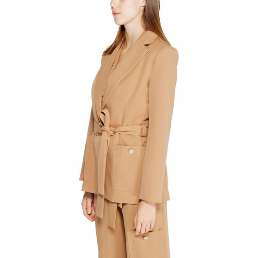 Rinascimento beige polyester women's blazer for fall/winter, elegant suit set with tie belt, perfect for stylish office wear.