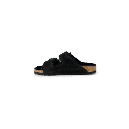 Birkenstock Black Suede Leather Slippers, Arizona Shearling, comfort and style, double strap, adjustable buckles, plush lining.