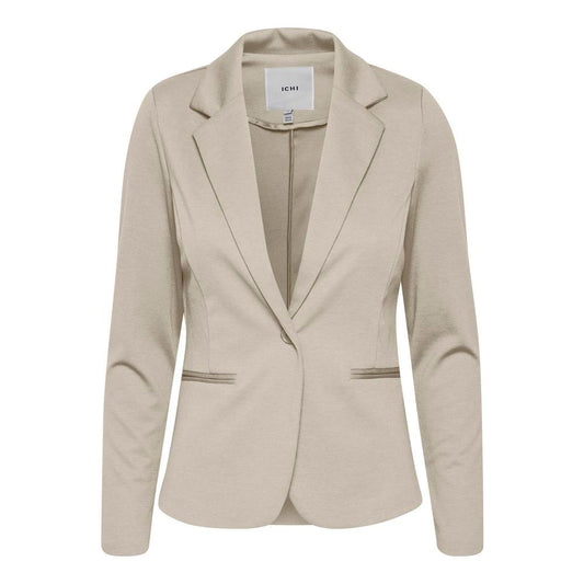 ICHI beige women's blazer for fall/winter, made from 74% polyester, 22% viscose, and 4% elastane. Ideal for professional attire.