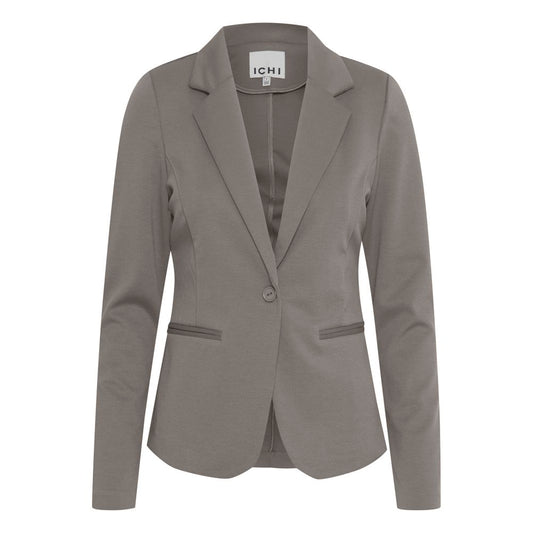 ICHI gray polyester women's blazer, perfect for fall and winter fashion. Made with 74% polyester, 22% viscose, and 4% elastane.