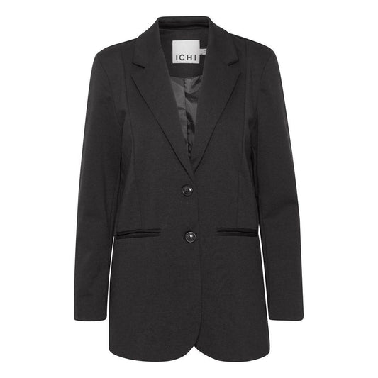 ICHI black recycled polyester women's blazer, fall/winter collection, sustainable fashion suit jacket for women.