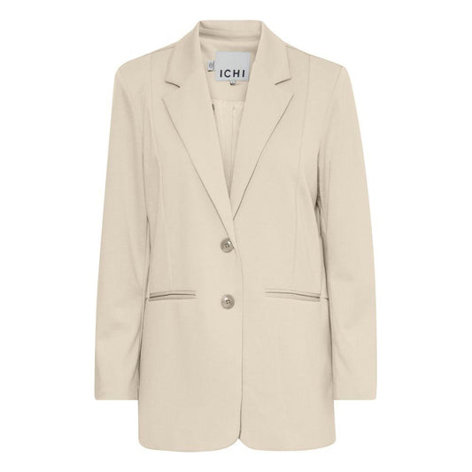 ICHI beige recycled polyester women's blazer for fall/winter collection, featuring 74% recycled polyester, sustainable fashion.