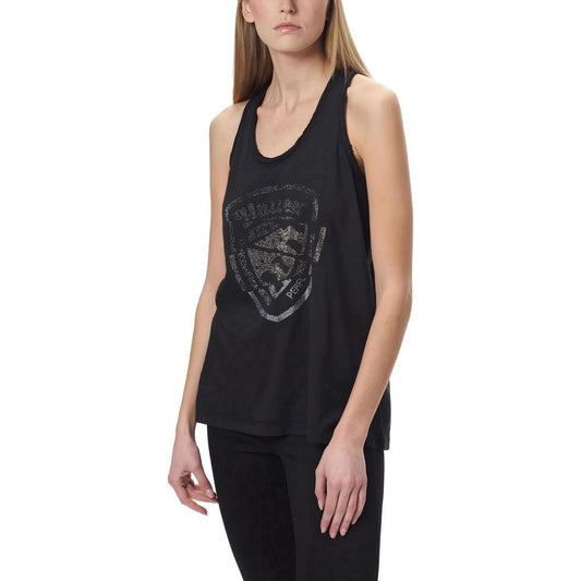 Woman wearing Blauer black cotton tank top, spring/summer collection, with logo design on front.