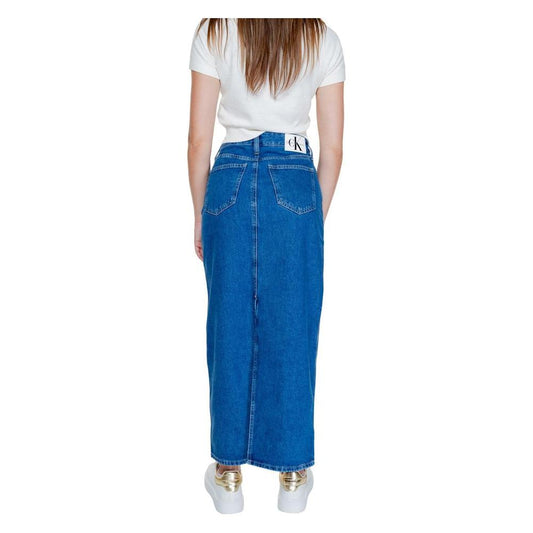 Women's long blue cotton skirt by Calvin Klein Jeans, part of Fall/Winter collection, made with 80% cotton and 20% recycled cotton.