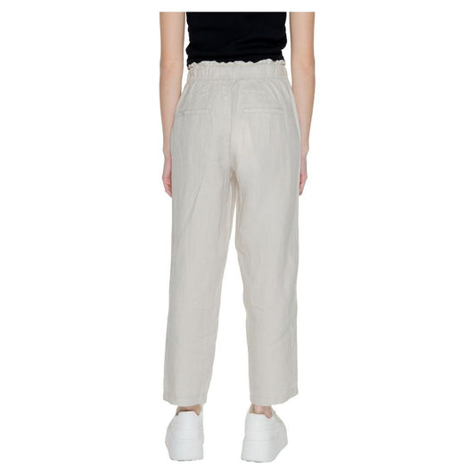 Back view of Street One beige linen women's regular spring/summer pants with a relaxed fit.