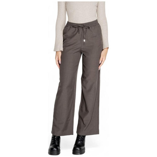 Women's fall winter gray polyester pants with drawstring waistband and wide legs, featuring a 98% polyester and 2% elastane composition.