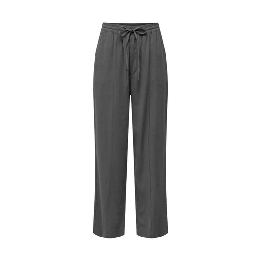 Jacqueline De Yong gray viscose women's pants, fall/winter collection, 89% viscose, 11% polyester, featuring elastic waist and tie.