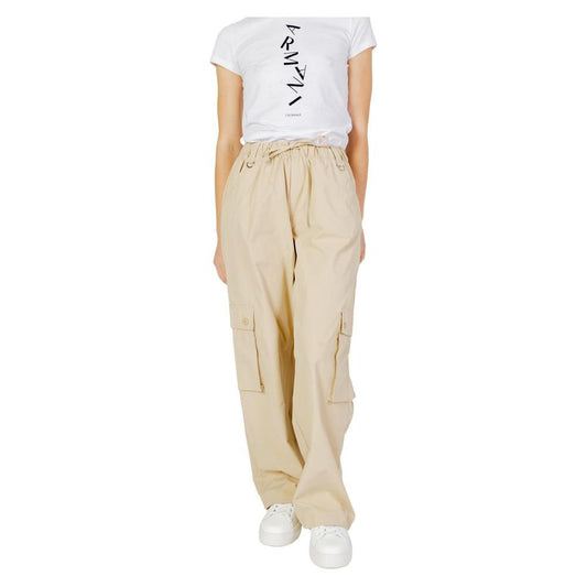 Women's spring/summer beige cotton pants made of 65% cotton, 35% polyamide, casual wear with pockets and relaxed fit.