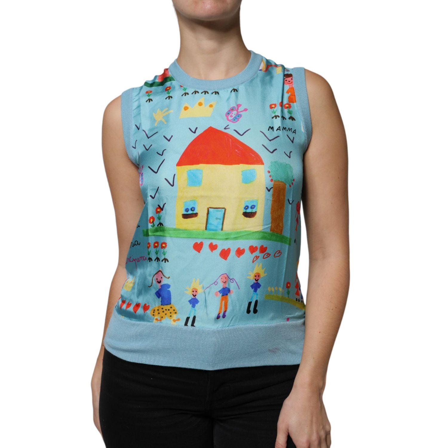 Dolce & Gabbana Blue Drawing Cashmere Sleeveless Tank Top