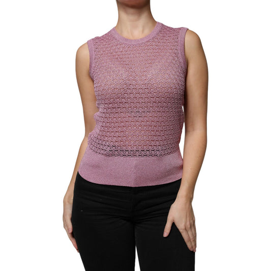 Dolce & Gabbana pink mesh see-through sleeveless tank top, features viscose and polyester blend, made in Italy with logo details.