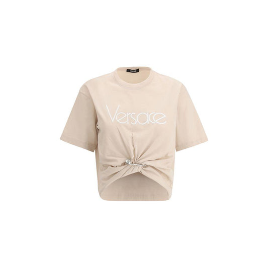 Versace cotton T-shirt with ribbed crew neck, front drape, Medusa logo pin, iconic monogram, and monochrome pattern.