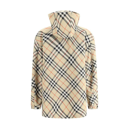 Burberry jacket with Archive Check pattern, featuring a high collar and adjustable drawstring hood, back view image.