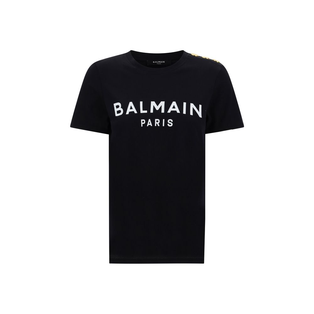 Balmain Black Cotton T-Shirt with monogram print and embossed buttons on the shoulder, featuring a ribbed crew neck and regular fit.