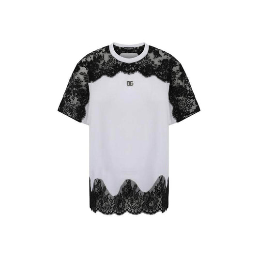 Dolce & Gabbana white cotton T-shirt with ribbed crew neck, three-dimensional logo plaque, floral lace sleeves and hem, monochrome pattern.