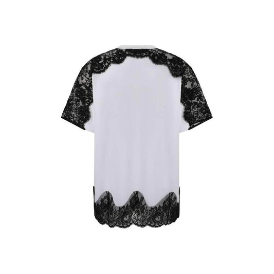 Dolce & Gabbana cotton T-shirt with ribbed crew neck, floral lace sleeves, and hem detail, featuring a metal logo plaque.