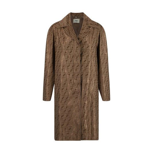 Fendi cotton coat with FF jacquard weave, monochrome pattern, classic lapels, button closure, and side welt pockets.