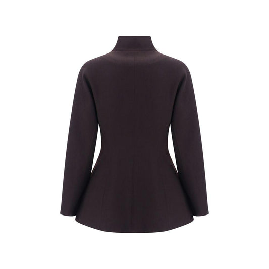 Back view of a Fendi virgin wool jacket with shawl lapels, hidden front closure, side welt pockets, and monochrome pattern, regular fit.