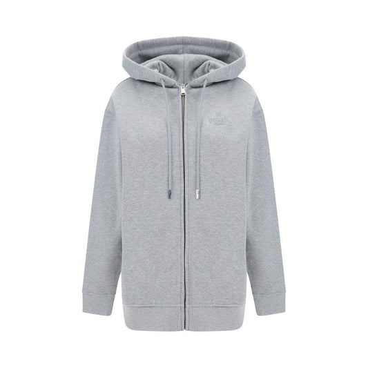 Grey Fendi cotton hoodie with adjustable drawstring hood, ribbed cuffs, hem, front zipper, and iconic monogram on front.