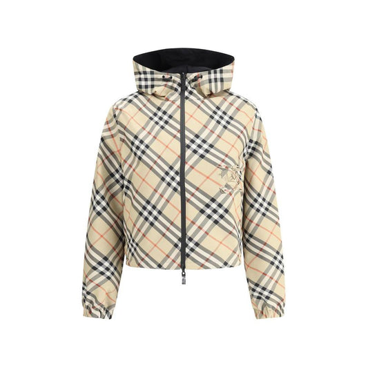 Burberry reversible jacket with iconic Check Archivio pattern, adjustable drawstring hood, and double-slider zipper for versatile styling.