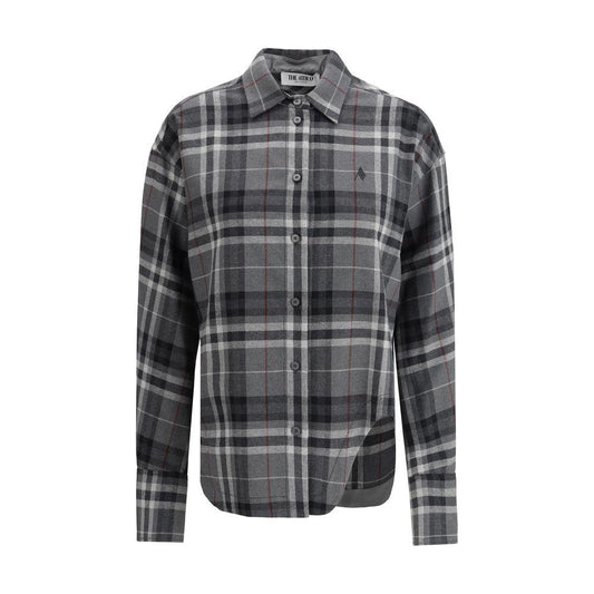 The Attico cotton shirt with check pattern, button front, wide bell sleeves, and front slit; featuring branded embroidery for an oversized fit.