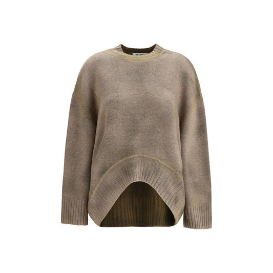 The Attico Wool Sweater with ribbed crew neck and asymmetrical hem, featuring wide sleeves and embroidered logo in a monochrome pattern.