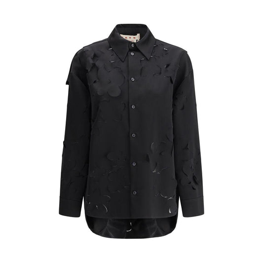 Marni black shirt with classic collar, button front, adjustable cuffs, and flower cut-out details in a monochrome pattern.