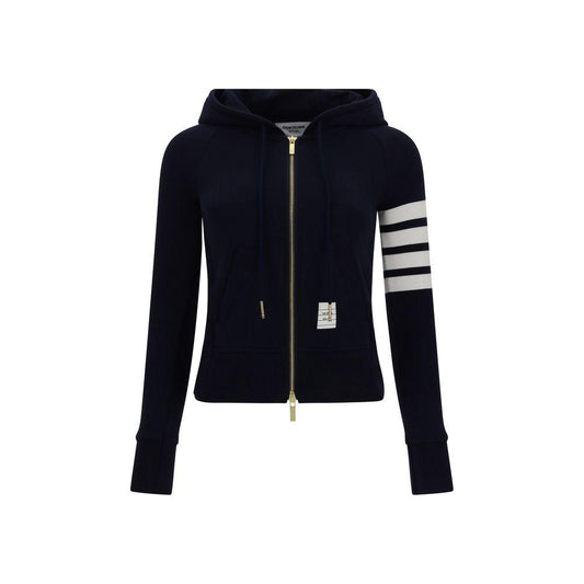Thom Browne cotton hoodie with zip closure, ribbed cuffs, kangaroo pocket, and striped sleeve design, featuring logo patch on front.