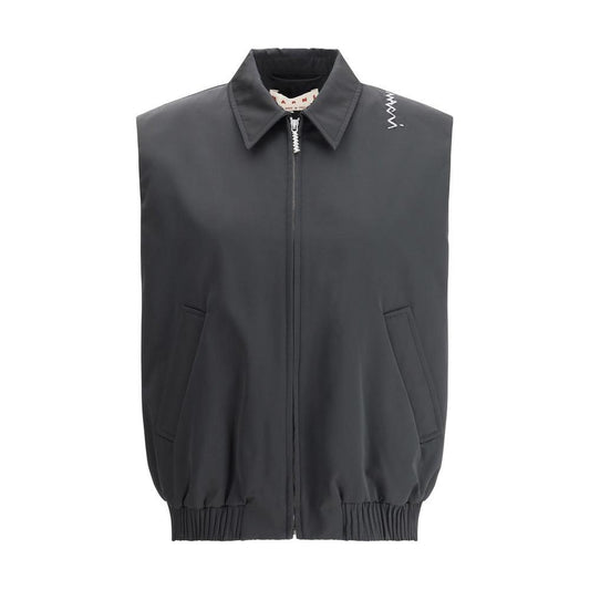 Marni padded vest with classic collar, logoed zipper, and welt pockets, featuring iconic monogram and elastic hem for stylish warmth.