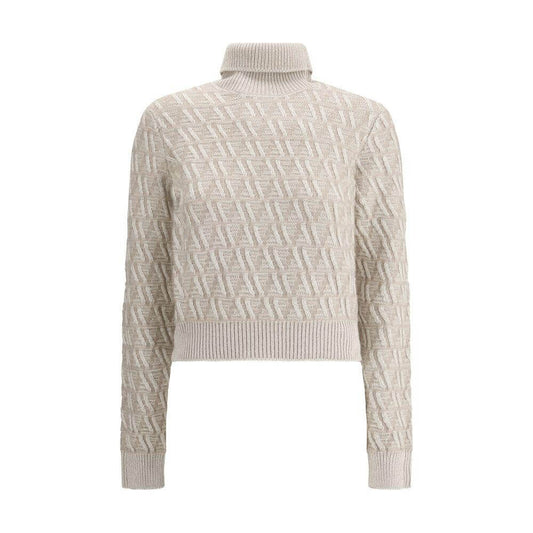 Fendi silk turtleneck sweater with FF logo jacquard, ribbed collar, cuffs, hem, and two-tone pattern.