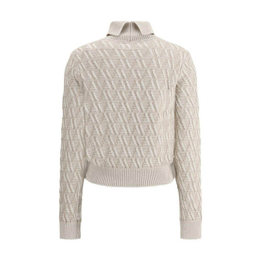 Fendi turtleneck sweater with ribbed collar, cuffs, and hem, featuring all-over FF logo jacquard weave in a sophisticated two-tone design.
