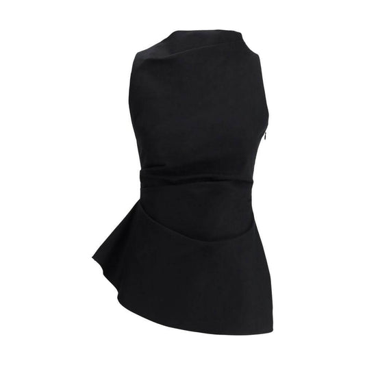 Alexander McQueen black asymmetrical sleeveless top with mock neck and side ruffle, featuring hidden side zipper for modern style.
