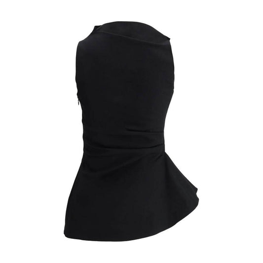 Alexander McQueen black asymmetrical sleeveless cotton top with side ruffle and mock neck, featuring a hidden side zipper closure.