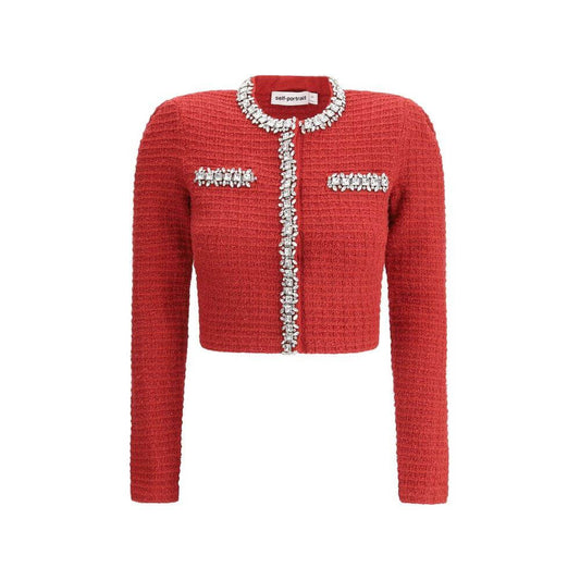 Alt Tag: Self-Portrait red knit jacket with jewel detailing, crewneck, slit pockets, and concealed button closure for elegant style.