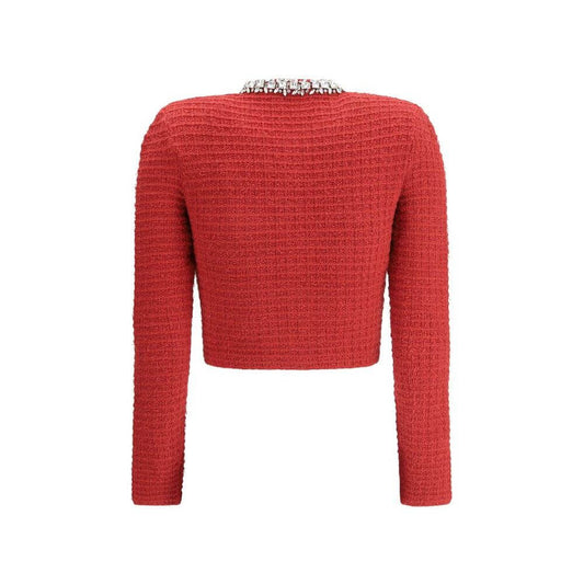 Back view of Self-Portrait Knit Jacket with crewneck and shiny jeweled details, showing sophisticated knit texture.