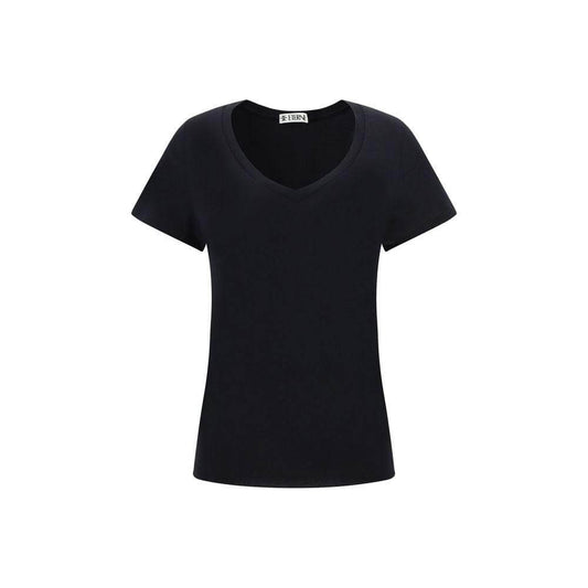 "Éterne cotton V-neck t-shirt with ribbed front, scooped hem, monochrome pattern, and regular fit."
