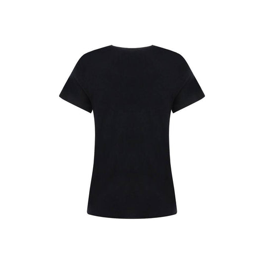 Back view of Éterne cotton T-shirt featuring a monochrome pattern, V-neck ribbed front, scooped hem, and regular fit.