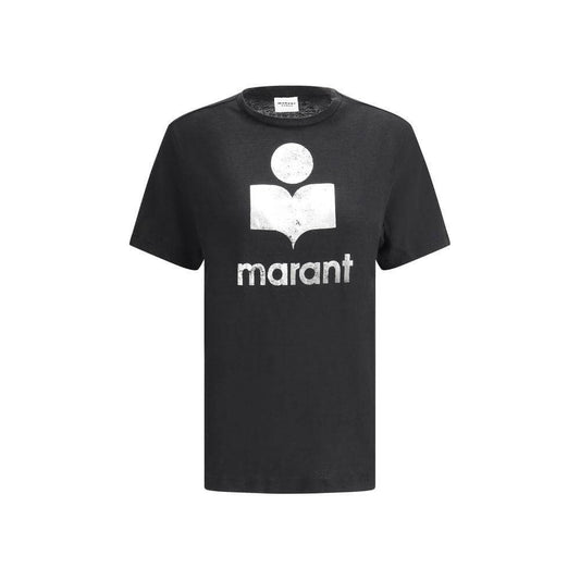 Black Marant Etoile Zewel Linen T-Shirt with white logo and ribbed crew neck, monochrome style, regular fit