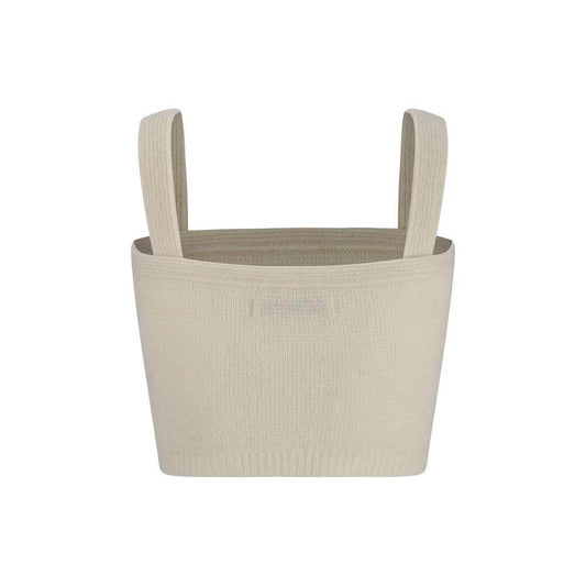Cream Alessandra Rich Alpaca Wool Top with sleeveless design, ribbed hem, and geometric neckline, featuring welt patch pockets, monochrome pattern.