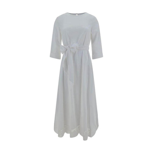 Ella Long Dress - Cotton long dress with boat neckline, smocked waist, bow sash, embroidered hem, and keyhole closure.